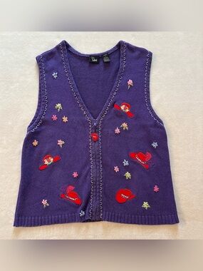 Vintage Ms. Lee Purple Red Hat Society Large Zip Up Vest Embroidered Floral